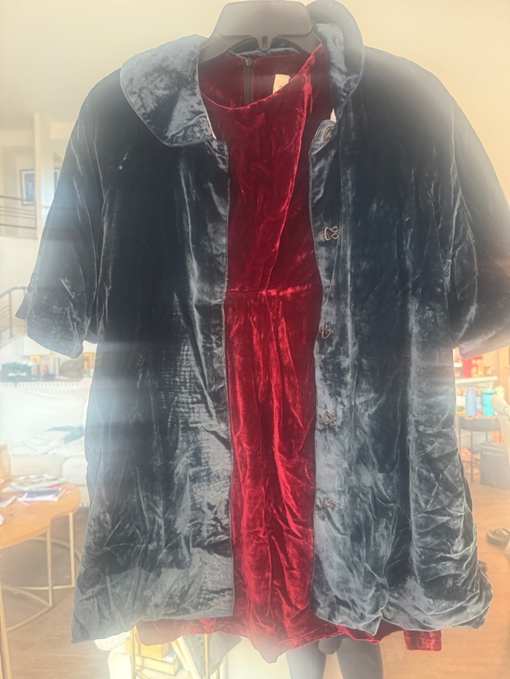 Kids Velvet Pea Coat Set in Deep Blue with Maroon dress